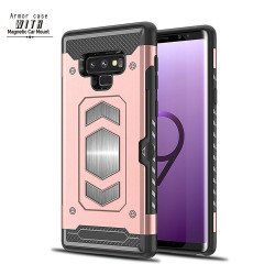 Galaxy Note 9 Metallic Plate Case Work with Magnetic Holder and Card Slot (Rose Gold)